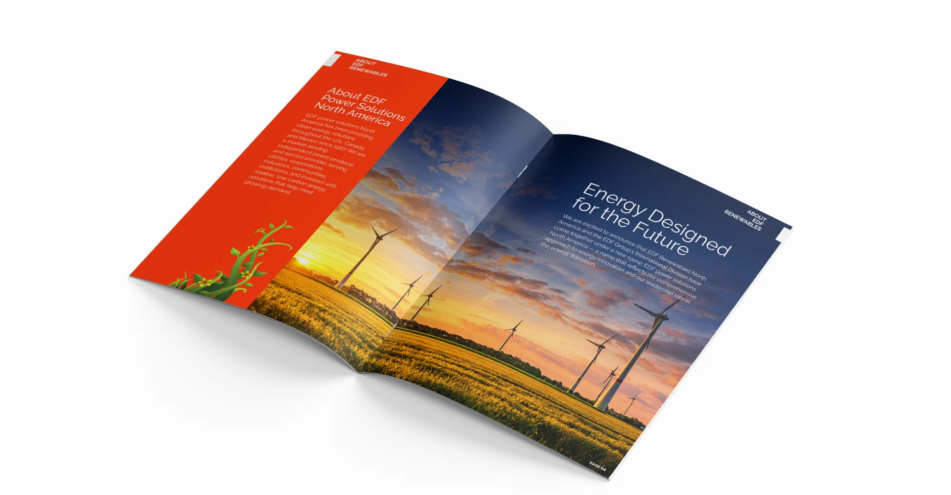 Renewable energy brochure featuring wind power projects